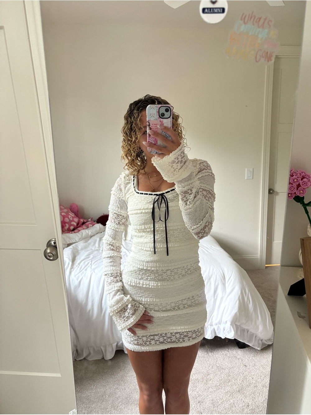 Altar'd State White Lace Mini Dress with Black Tie